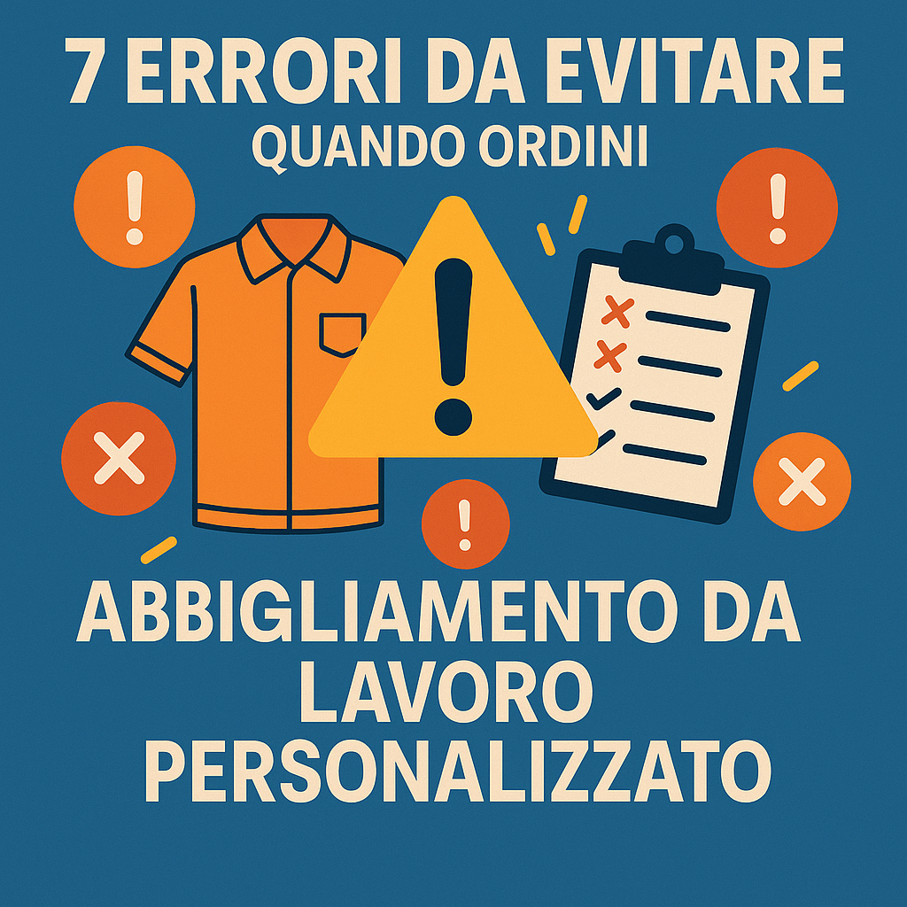 Illustrazione con lavoratore indeciso davanti a divise da lavoro personalizzate che evidenziano errori di scelta