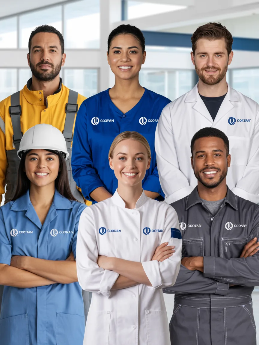 Team di lavoratori in diversi settori con abbigliamento da lavoro personalizzato WorkReady